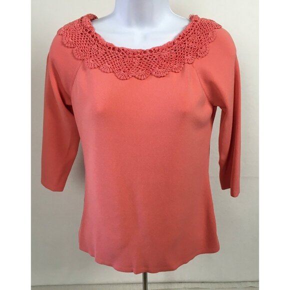 J A C Womens Top Size XS Knit Coral 3/4 Sleeve Top With Crochet Neckline - Picture 1 of 14